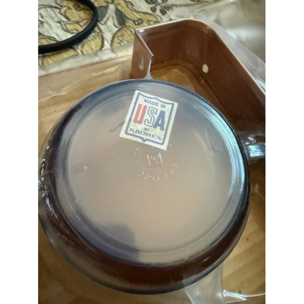 Vtg MCM Copper Mug Rack Bar Set 4 Amber Glass Soup Mugs NOS Kromex Sealed Box - Picture 3 of 7